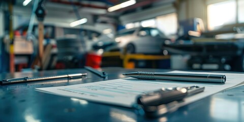 A pen and paper on top of an automobile shops table, with the background of blurred cars