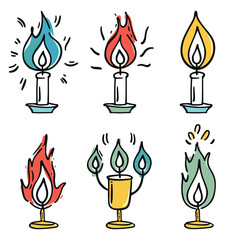 Handdrawn candles burning vibrant flames different colors. Cartoon candles light, festive atmosphere fire. Colored doodle wax illustration, doodle style art