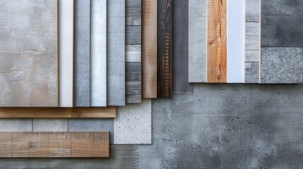 Top-down view showcasing interior finishing materials: wooden and concrete vinyl tiles, white laminate, grey fabric, wallpaper, and synthesis stone samples.