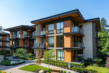 A blend of modern and traditional architecture featuring timber in a multi-storey residential building.. AI generated.