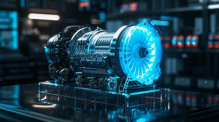 Futuristic Jet Engine on a Transparent Test Stand, Glowing Blue in a Dark Lab
