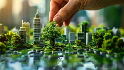 Hand setting up a green city on puzzle pieces with buildings and trees on blur background