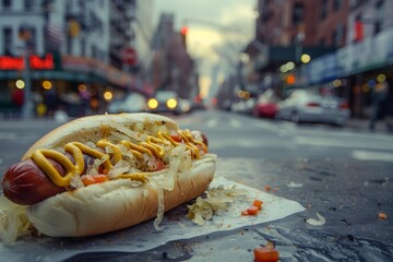 Indulge in a classic New York-style hotdog served with sauerkraut, relish, and yellow mustard on a...
