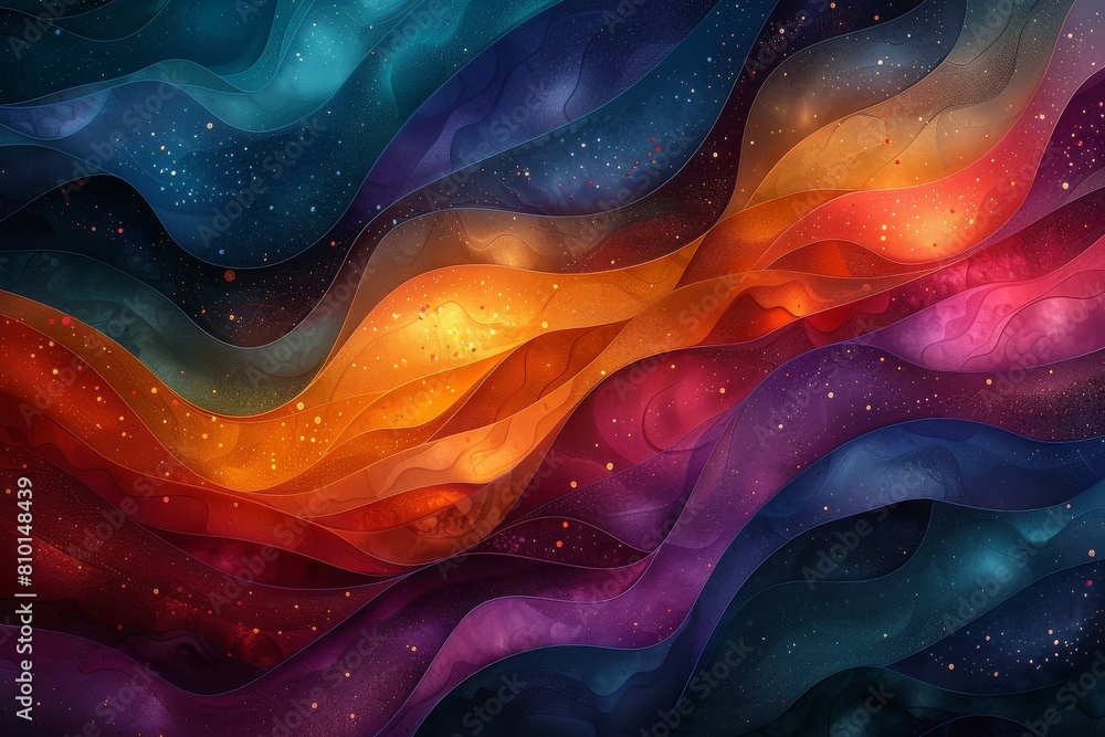Poster a digitally-rendered artistic image of multicolored wavy layers fused with light, conveying a cosmic