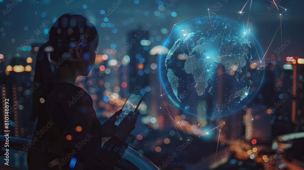 Poster visualization of artificial intelligence overseeing a smart city connected globally via mobile inter