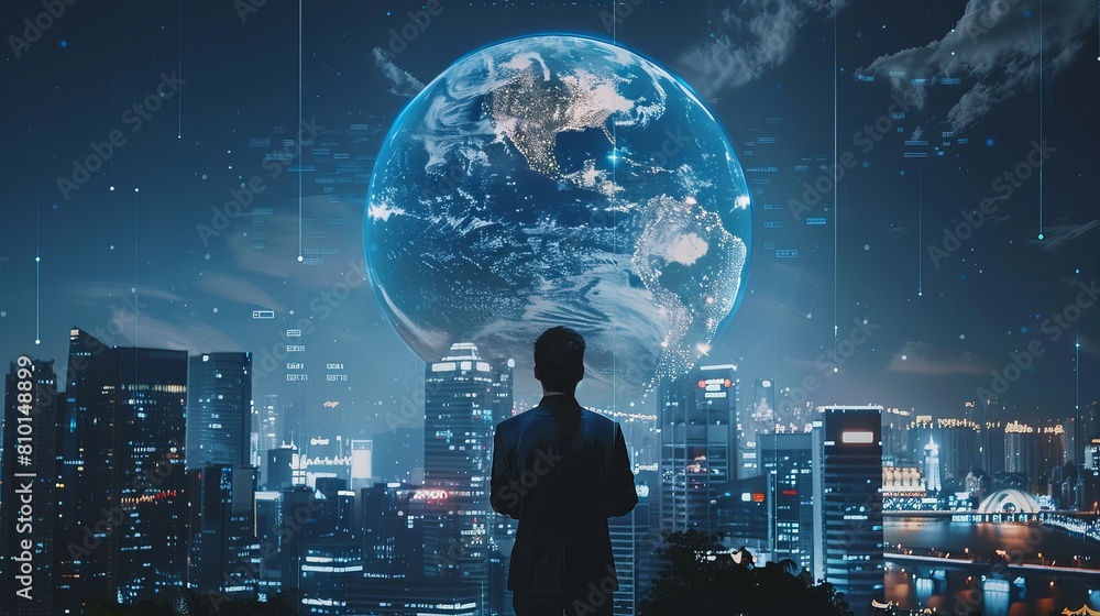 Poster visualization of artificial intelligence overseeing a smart city connected globally via mobile inter