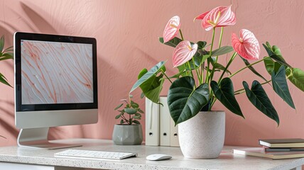 Home office setup with pink anthurium plant - A modern home office desk with a desktop computer, anthurium plant, and decorative elements against a pink wall