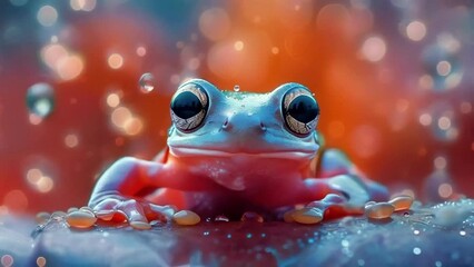 Macro Shot of a Blue Frog Amidst Sparkling Drops