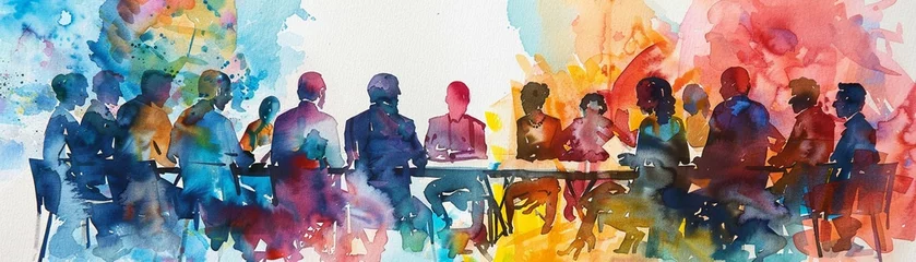 Roundtable discussion on human rights, with activists, policymakers, and academics debating solutions to global equality challengeswatercolor illustrations © Milagro