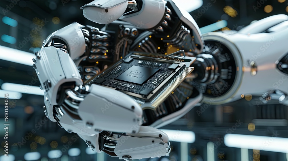 Poster robotic arm holding high-tech processor - a robotic arm with intricate details meticulously holds a 