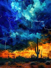 Lightning in the desert at night with cactus, dark blue sky.