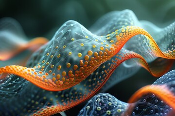 A visually engaging image of a wavy biological pattern with detailed orange and blue cellular structures and dots