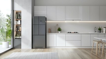 Modern minimalist kitchen interior with plants - A sleek modern kitchen design with plants, clean lines, and a sophisticated ambiance