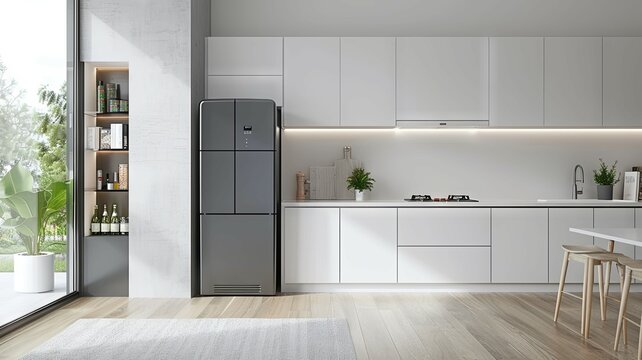 Modern minimalist kitchen interior with plants - A sleek modern kitchen design with plants, clean lines, and a sophisticated ambiance