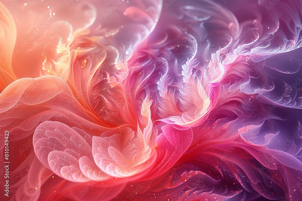 Poster an artistic depiction of abstract floral patterns with a soft wave motion in a gradient of pink and 