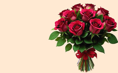 Bouquet of red roses on a light background with space for text. Postcard, congratulations