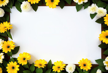 Frame of spring flowers, yellow gerberas along the edge of a white background