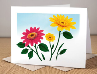 Drawn gerbera flowers on a white card standing on the table. Congratulations, wishes