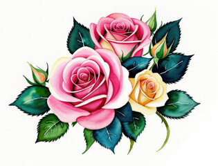 Beautiful rose flowers with leaves on a white background. Drawing with water paints