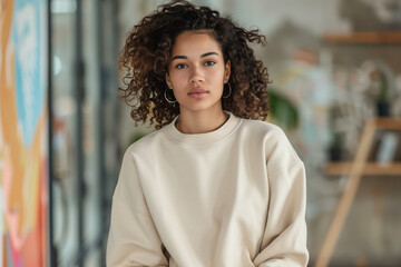 College age biracial ethnic woman, art background, museum look, wearing cream tan crewneck sweater