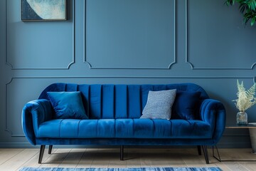 Blue sofa with blue pillows, blue vintage wall. Minimal and modern interior design of a living room