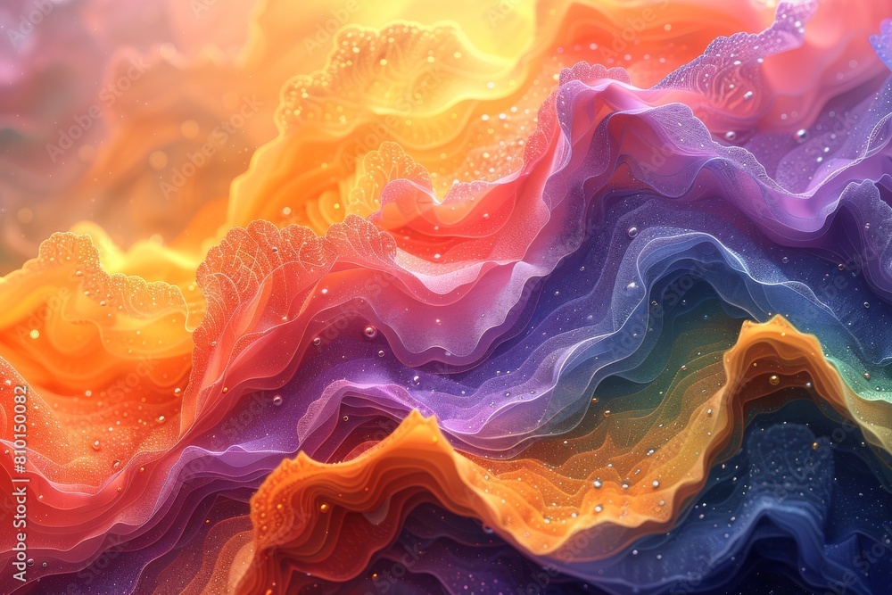 Poster this image features a stunning display of multicolored waves with a sparkling texture, resembling a 
