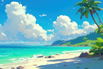 beautiful illustration of a tropical landscape with sea or ocean sandy beach and palm trees