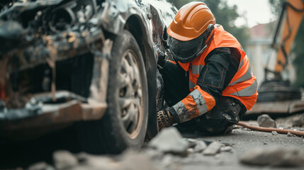 Worker in an orange safety vest and helmet is carefully inspecting a severely wrecked car, crouched on a debris-filled road, highlighting a post-accident scene.