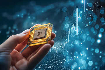 Hand holding GPU chip with a growing stock exchange graph on a blue background