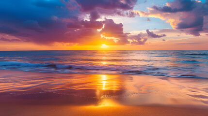 Obraz premium Golden tropical sunset on beach with gentle waves. Coastal paradise concept.