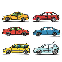Six colorful cartoon cars displayed across three rows top row yellow red side views, middle row red profiles, bottom yellow hatchback designs