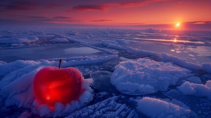 Vibrant Red Apple Shaped Ice Formation Amidst Midnight Blue Polar Ice Fields - Powered by Adobe