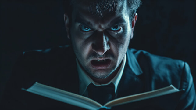 Man deeply engrossed in reading a book, illuminated by a dim light, his face showing an intense, concentrated expression.