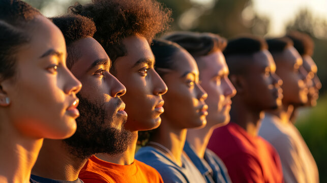 Diverse group of individuals lined up, each facing the sunset, symbolizing unity and diverse beauty in golden evening light.