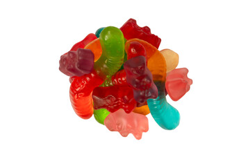 Assorted colorful gummy candies isolated on a white background. Top view. Jelly  sweets.