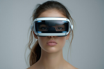 Woman with glasses of virtual reality. Future technology concept. Generative AI