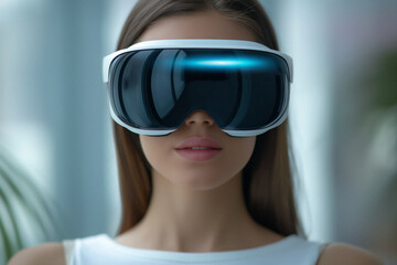 Woman with glasses of virtual reality. Future technology concept. Generative AI