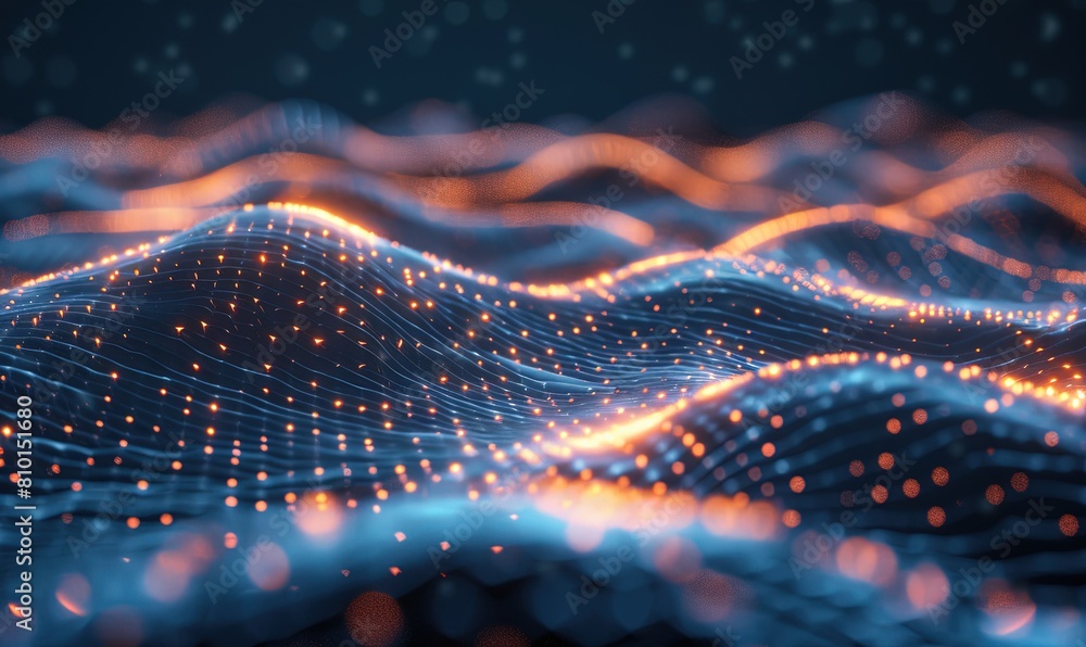 Poster a computer generated image of a wave with orange and blue colors