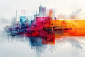 In this digital artwork, an abstract cityscape fuses with vivid red and blue tones, creating an eye-catching modern mix of architecture and color