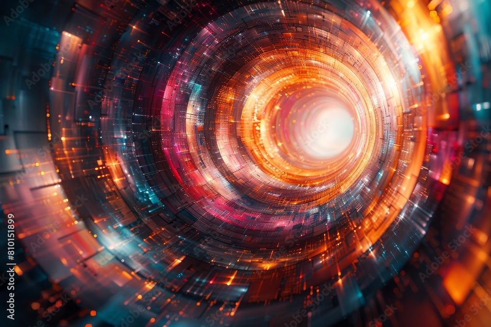 Poster a vibrant circular digital tunnel with various colors representing data flow or a technological pass