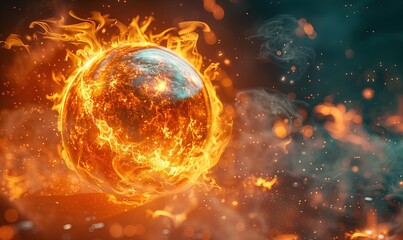 An abstract fire sphere illuminates a futuristic galaxy