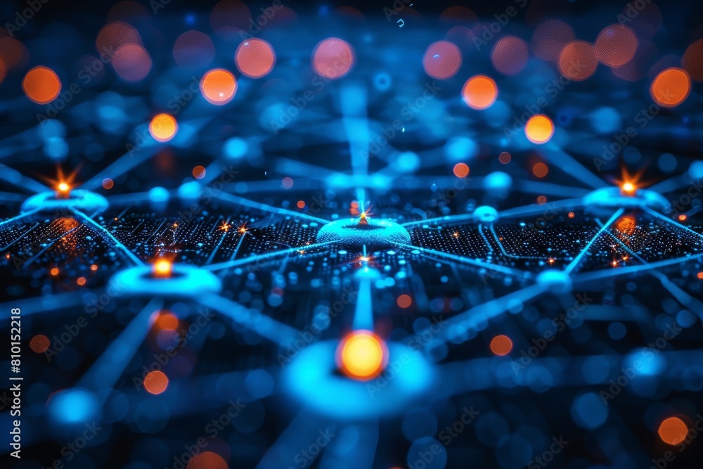 Poster close-up of a blue digital network emphasizing connectivity with glowing nodes and pathways