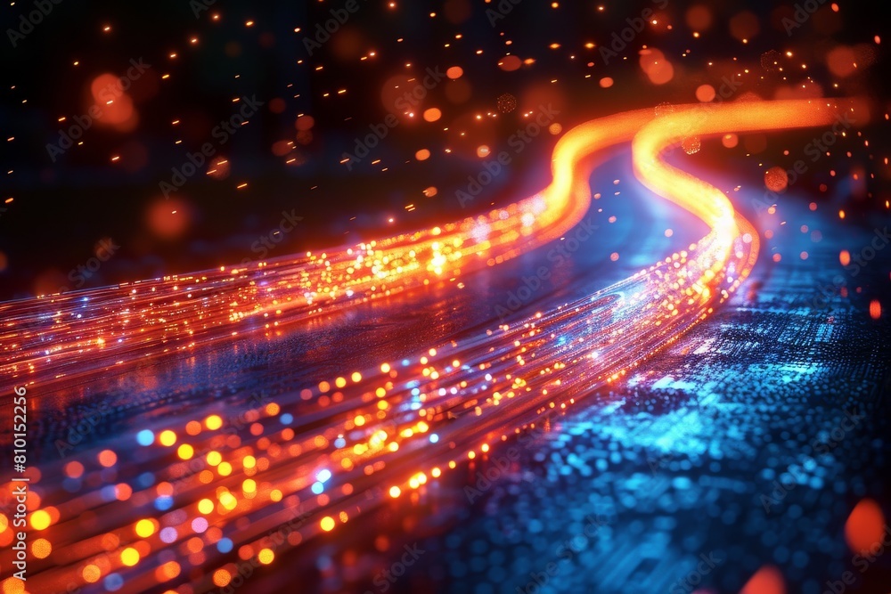 Poster dynamic image of swiftly moving digital data on a circuit board with fiery red and orange hues