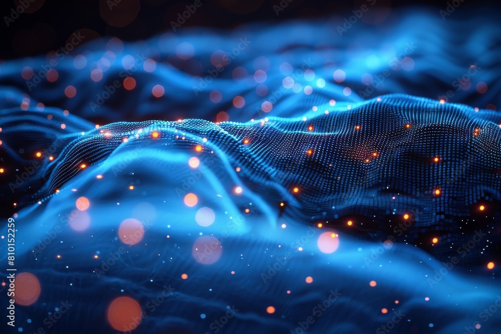 Poster this image represents digital blue particle waves creating a mesmerizing abstract background