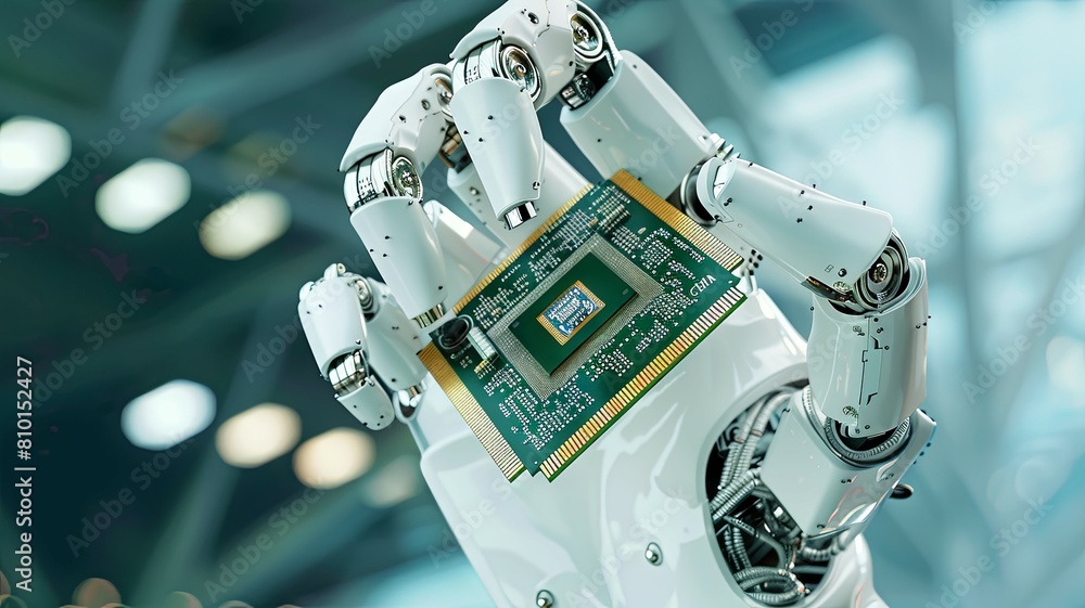 Poster white robotic hand presenting a cpu - a white robotic hand presents a central processing unit with a