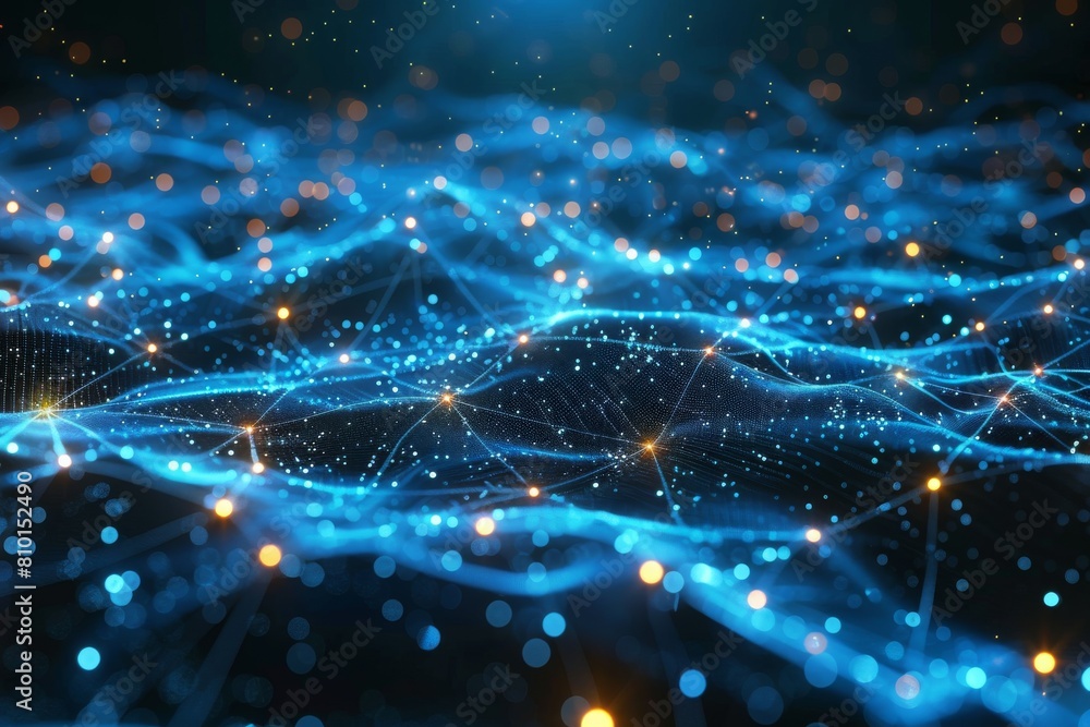 Poster an abstract representation of a blue digital network with linked nodes and sparks