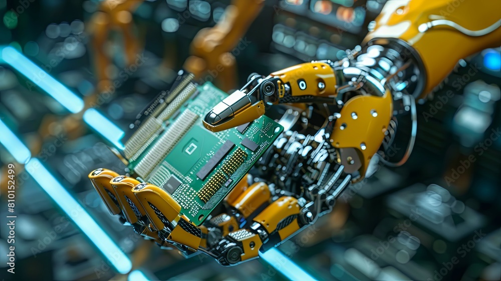 Poster robotic arm interfacing with circuit board - advanced robotic technology shown as a yellow robotic a