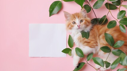 A cute kitten sleeping next to green leaves on a pink background with a blank white card in the...
