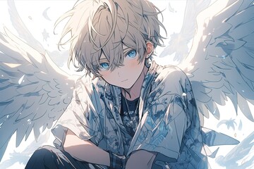 Fototapeta premium handsome anime angel guy with white hair and wings