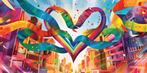 Colorful abstract artwork depicting vibrant ribbons forming a heart shape over a lively urban landscape